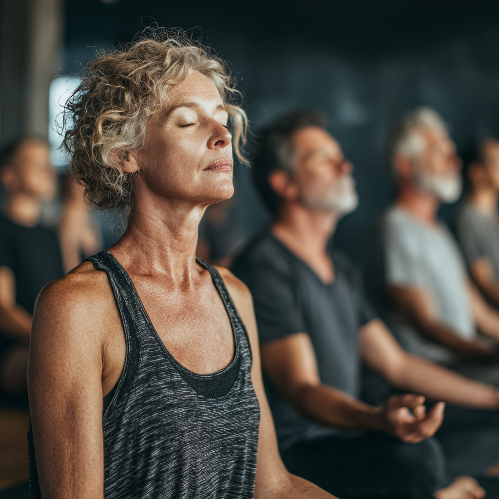 Group of people aged 40-55 practicing yoga together in a modern studio, focusing on meditation and mindfulness
