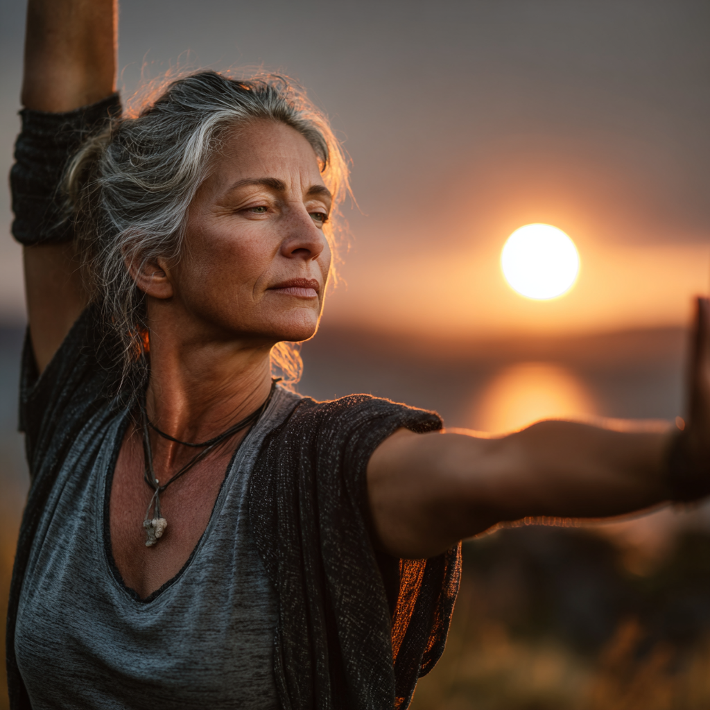 Mature woman in her late 40s practicing yoga in warrior pose outdoors at sunset, showing strength and serenity